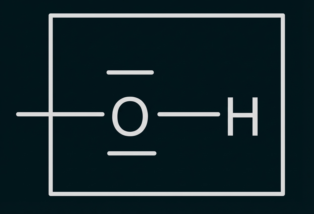 Molekülskizze: Sauerstoff mit zwei freien Elektronenpaaren, Bindungen nach links und zu H rechts.